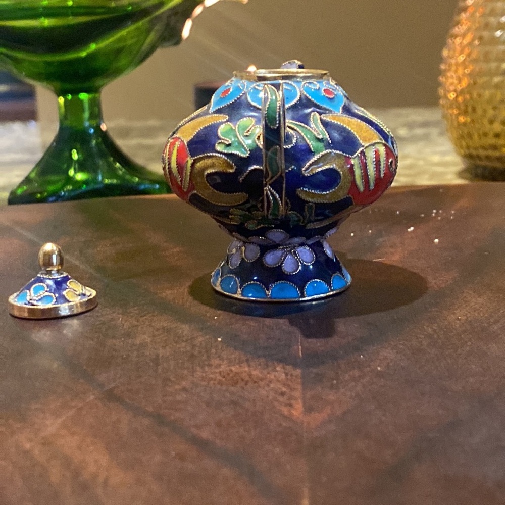 2.5" cloisonné teapot w/ removable lid (functional) enamel and copper - Picture 5 of 6